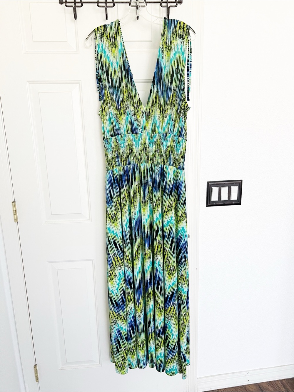 Just Love V Neck Smocked Blue Green Abstract Printed Maxi Dress 3X